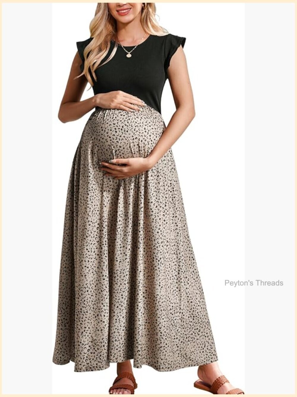 Maternity Dress Summer Ruffle Sleeve Patchwork Casual Flowy Maxi with Pockets
